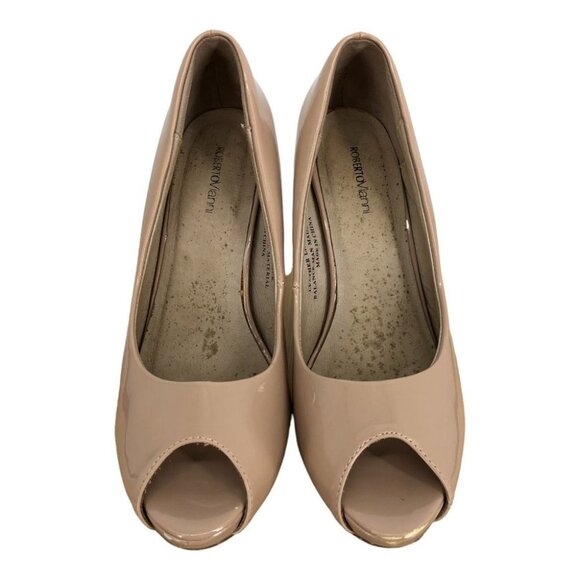 Roberto Vianni Nude Beige Glossy Leather Peep Toe high Heels size 8.5 - Picture 3 of 13